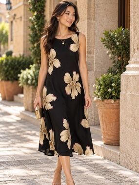 Dressbarn Black Floral Magnolia Cowl Back Dress 16 NWT